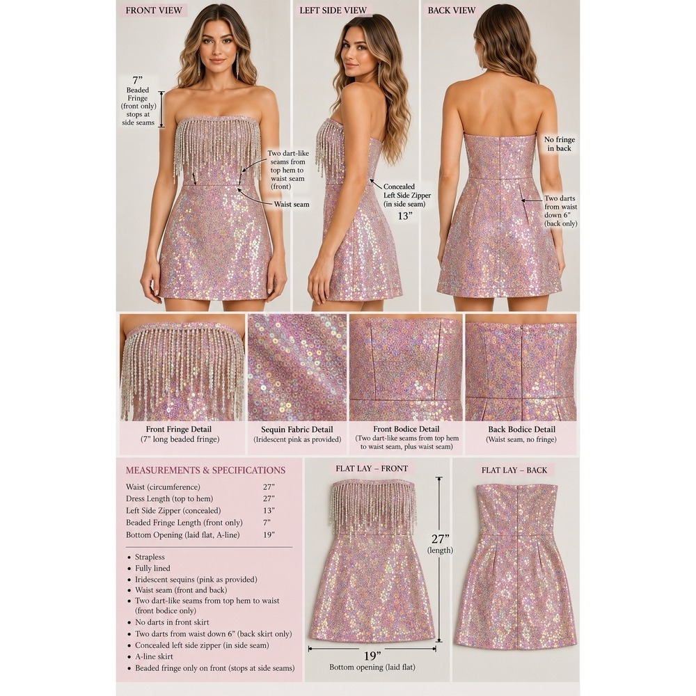 Main Strip Sequin Mini Dress Pink Iridescent Fringe Strapless Sparkle Women Sz M